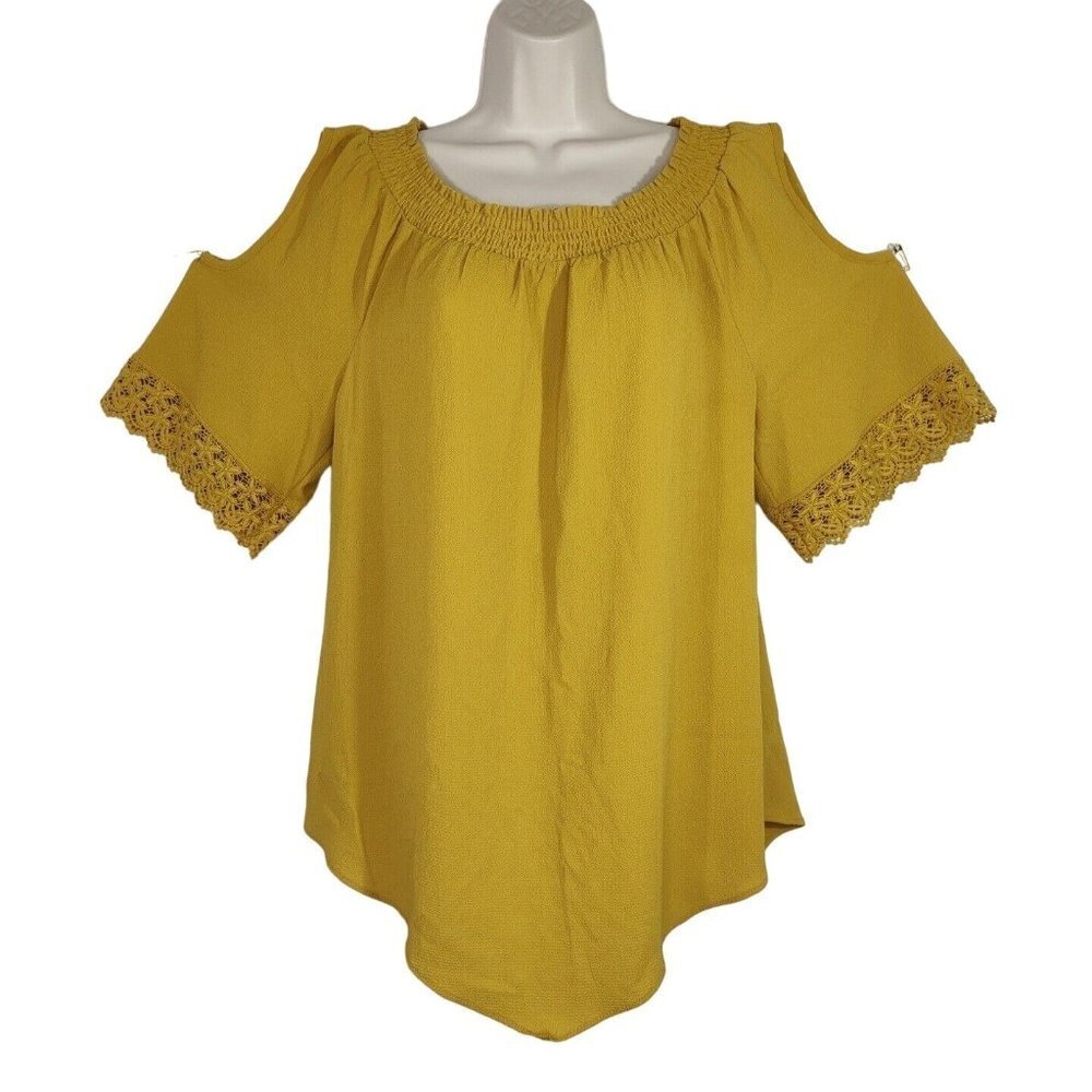 Cato Cold Shoulder Top Off the Shoulder Women Size M Yellow-Brown Short Sleeve
